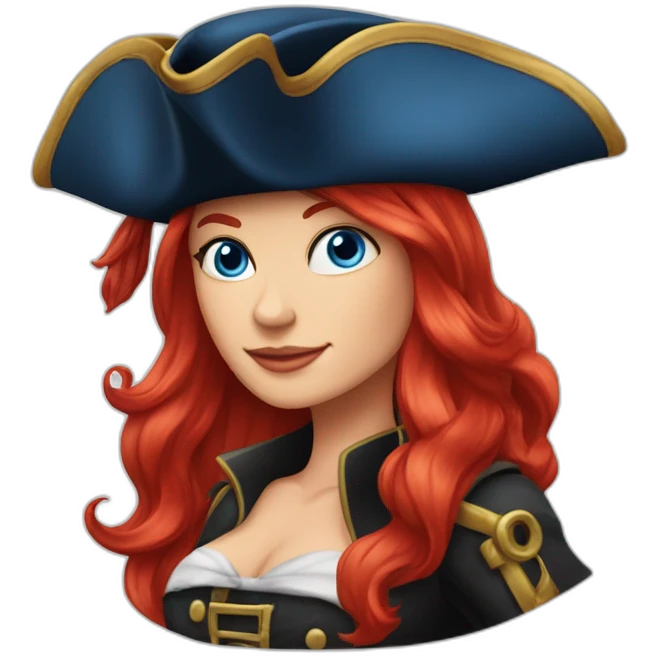 Woman long red platted hair, hair to one side. pirate hat. One side of head has no hair. Blue eyes. skull and crossbones t shirt emoji