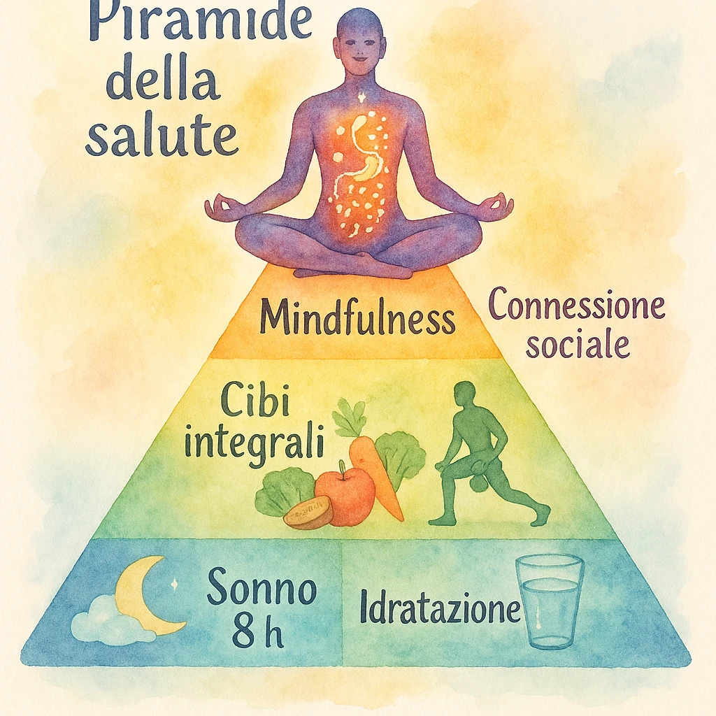 Piramide della salute in stile acquerello con colori sfumati, base Sonno 8h e Idratazione, centro Cibi integrali e Allenamento funzionale, cima Mindfulness e Connessione sociale. Figura meditativa in cima, corpo con effetti luminosi per neurotrasmettitori e flora intestinale. Testi in italiano. emoji