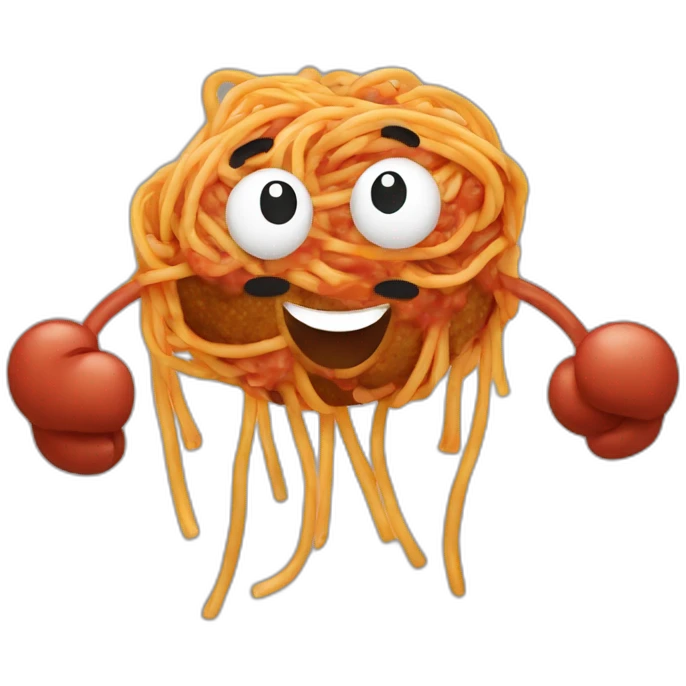 Spaghetti and meatballs with a face, arms and legs, doing something random emoji