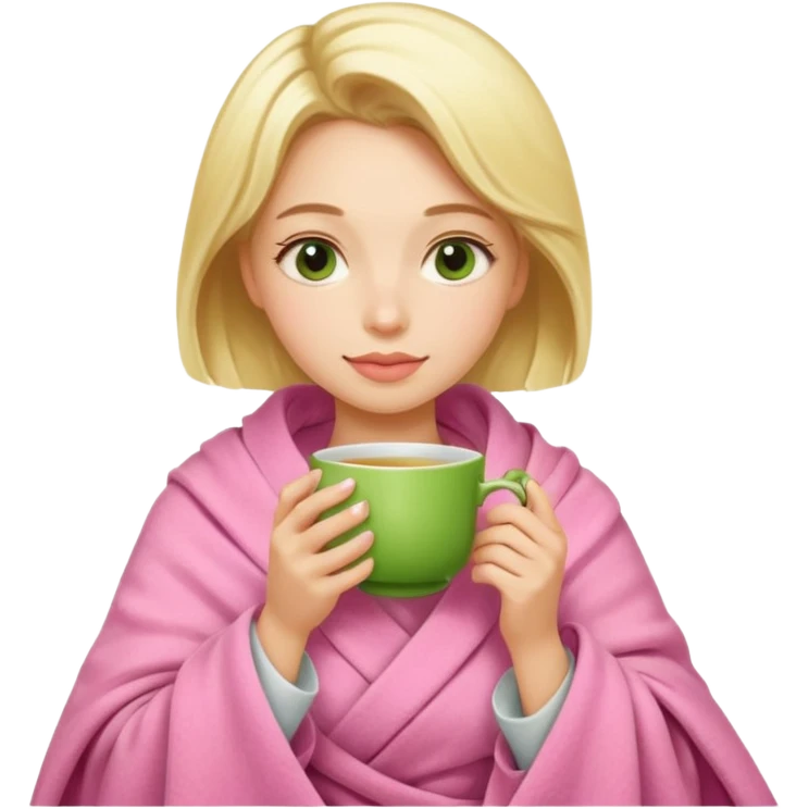 Блондинка пьет зелёный чай укутавшись розовым пледом emoji