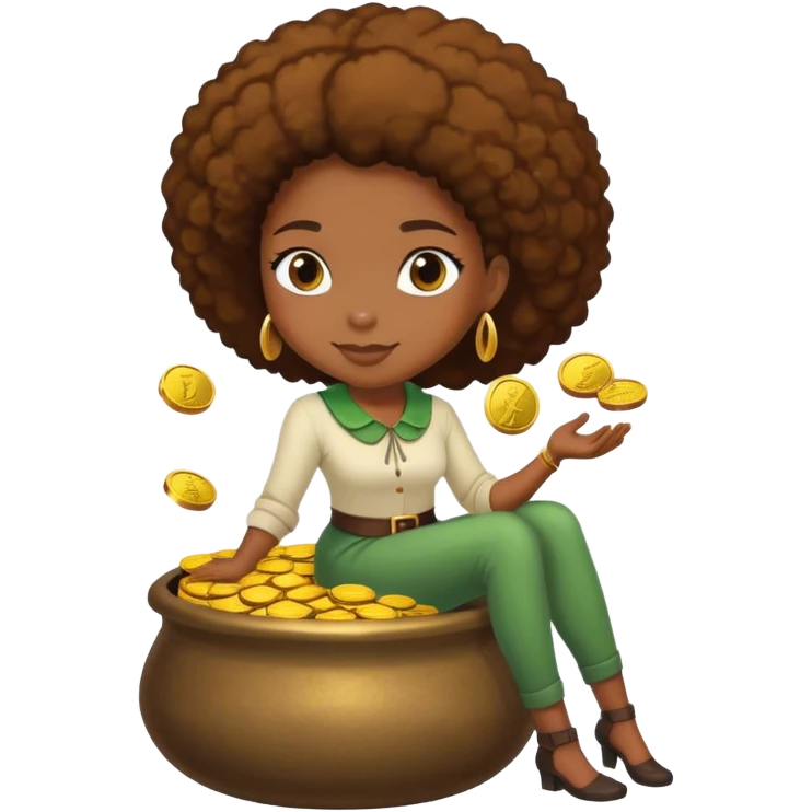 black woman sitting on a pot of gold coins emoji