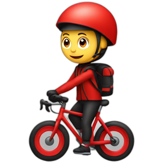 Garçon en tenue rouge sur un vélo noir vélo avec un sac tout rouge cubique, emoji