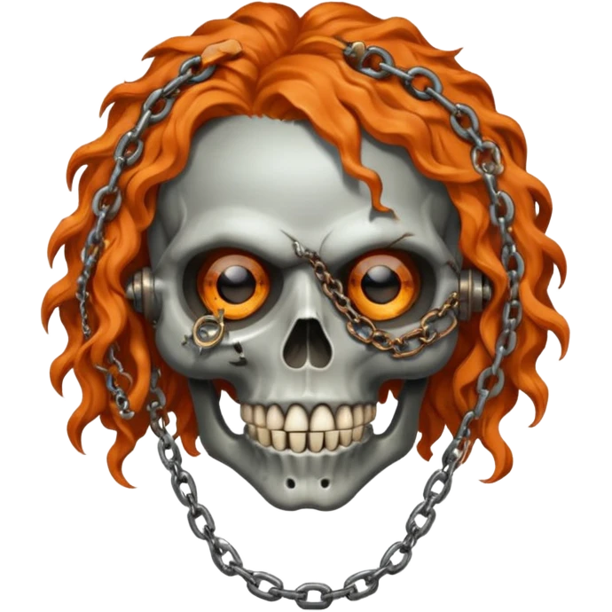 steam-punk Megadeth - iconic skull mascot with rusty metal eye covers and chains on his teeth, orange curly huge hair emoji