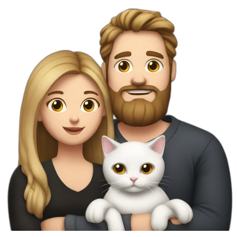 Family photo a fat husband with a beard is holding a white cat and wife with straight hair is holding another black cat emoji