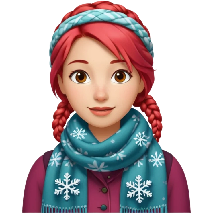 A red braid hair cheerful woman with patterned scarf, snowflakes land on her hair. emoji
