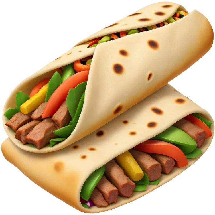 Cinematic Realistic Shawarma Dish Emoji, showcasing spiced, succulent meat wrapped in flatbread with fresh vegetables rendered with lifelike detail and dynamic, appetizing lighting. emoji