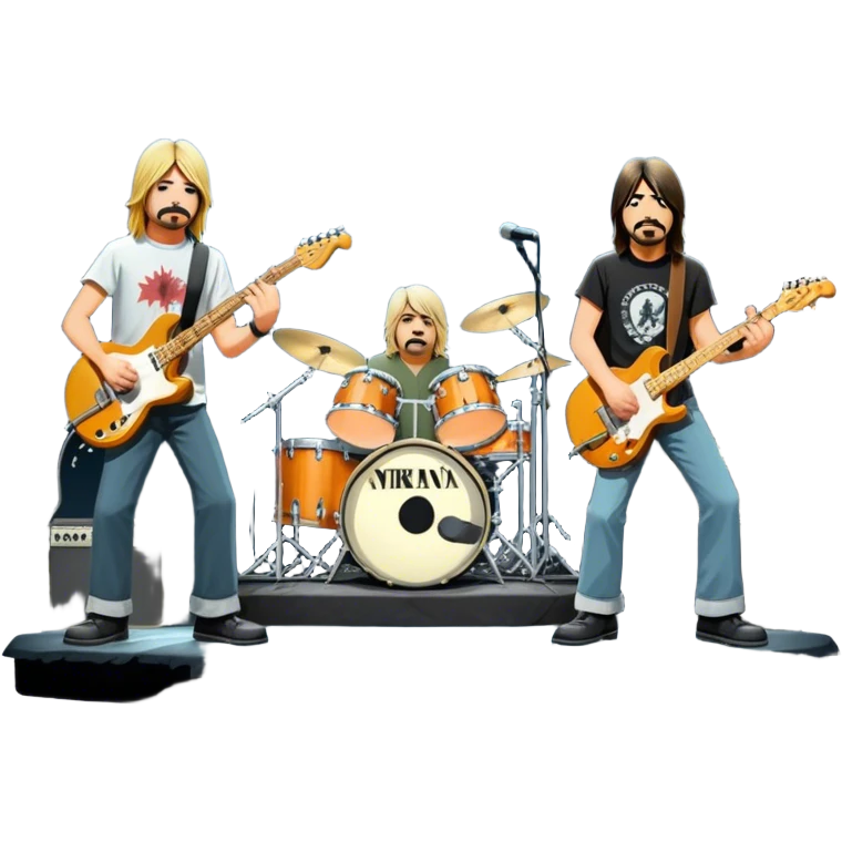 Icon for Rock Music: Nirvana performing on stage with Kurt Cobain on guitar and vocals, Krist Novoselic on bass, and Dave Grohl on drums. A grunge-inspired vibe with dynamic stage lighting and musical energy. Transparent background. emoji