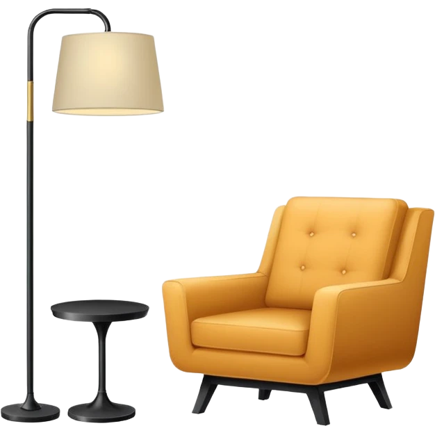 Minimalistic flat vector icon, iOS style, thin black contour on white background. Floor lamp, armchair, and framed picture on wall. Clean, no text, no shadows emoji
