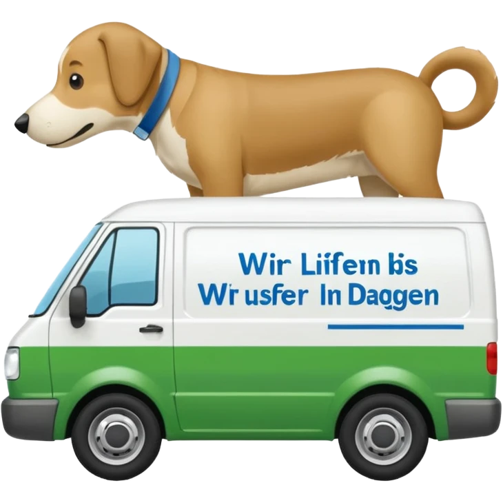 a white delivery van with green and blue color on the delivery van tarpaulin. Text: Wir liefern bis an die Türe. Ausser Ihr Hund ist dagegen" emoji