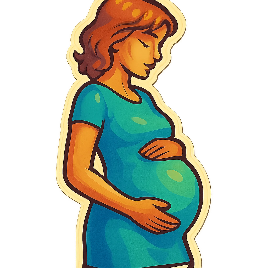 pregnant woman half-length portrait, in short dress, standing sideways, holding belly, face and head fully in frame, retro stickers style, soft rounded shapes, expressive contours, vintage color palette, light paper texture, shadows and highlights, transparent background emoji