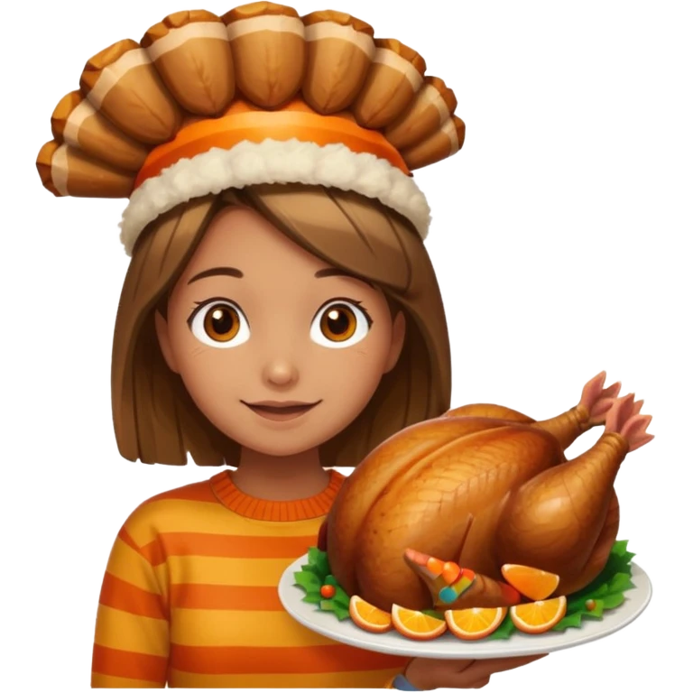 happy tan girl with an orange striped sweater and a cooked browned turkey on her head  emoji