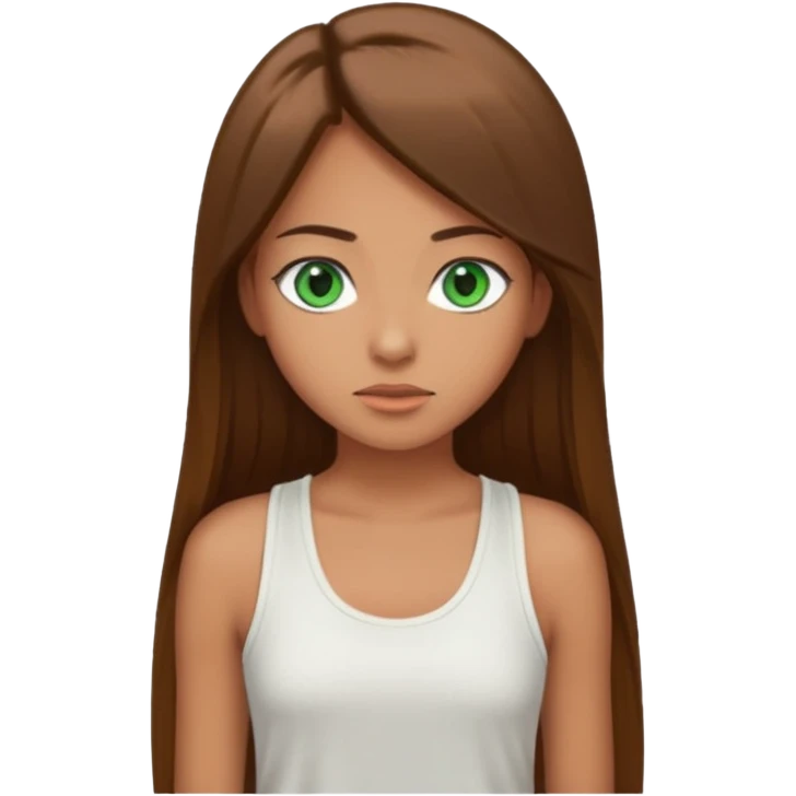 A girl with long brown straight hair, green eyes, and a white tank top; she doesn't have bangs. tan skin emoji