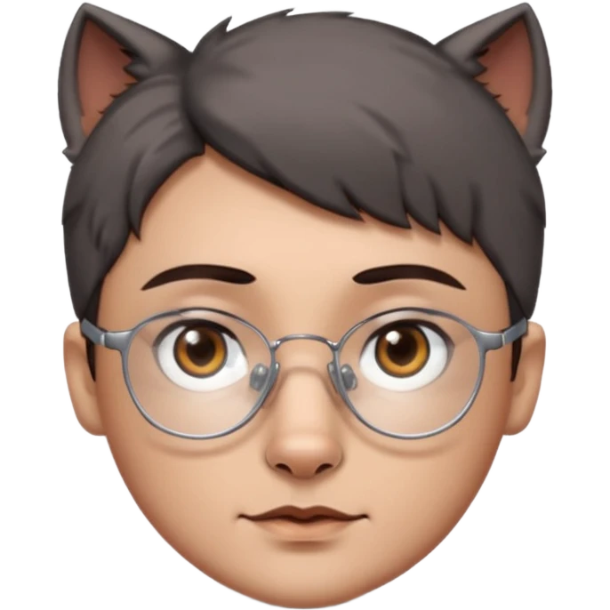 personagem com Wolf cut curto, cabelo castanho escuro, olho castanho escuro, sombrancelha castanho escuro, óculos sem aro prata. emoji