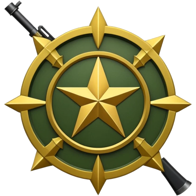 Insignia militar realista para videojuegos de guerra (estilo Delta Force), forma de escudo metálico con bordes desgastados. Incluye:

Símbolo: [fusiles cruzados / águila / estrellas / espada] Insignia redonda con fusil cruzado y una estrella, metal rayado, verde oliva y negro. emoji