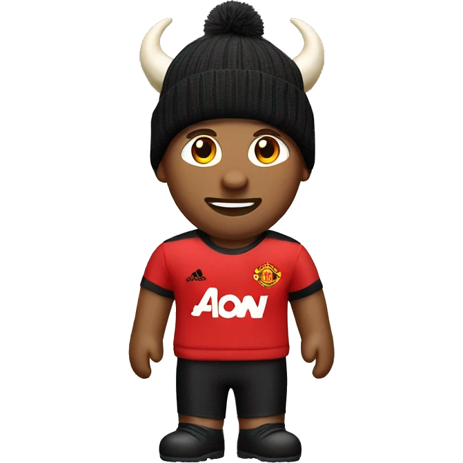 a man with horns in a red Manchester United football club T-shirt. He wears a black winter hat on his head emoji