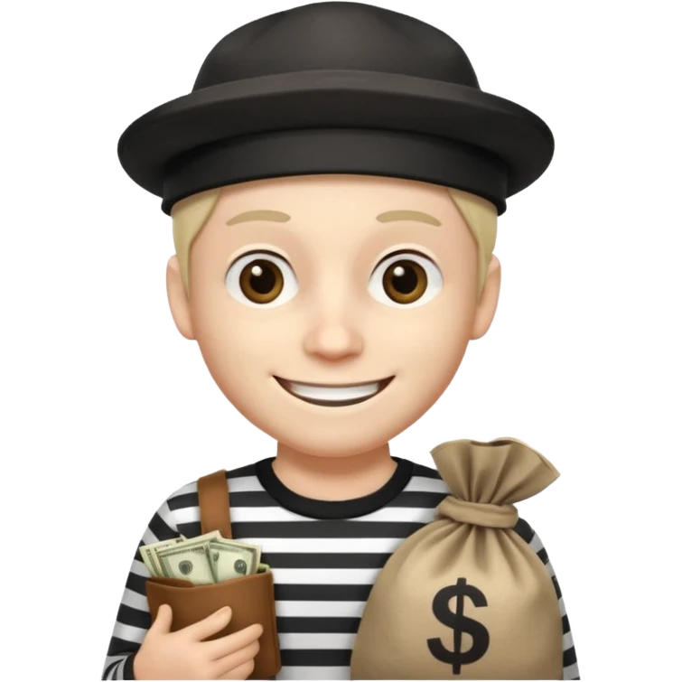 robber with 4 lines of black and white striped shirt and he has a money bag in his hand and a robber hat and he is smiling and he is whiteno money in his hand no money out of bag the bag is to the left  emoji