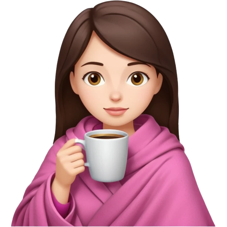 Brunette girl in pink blanket drinking coffee emoji