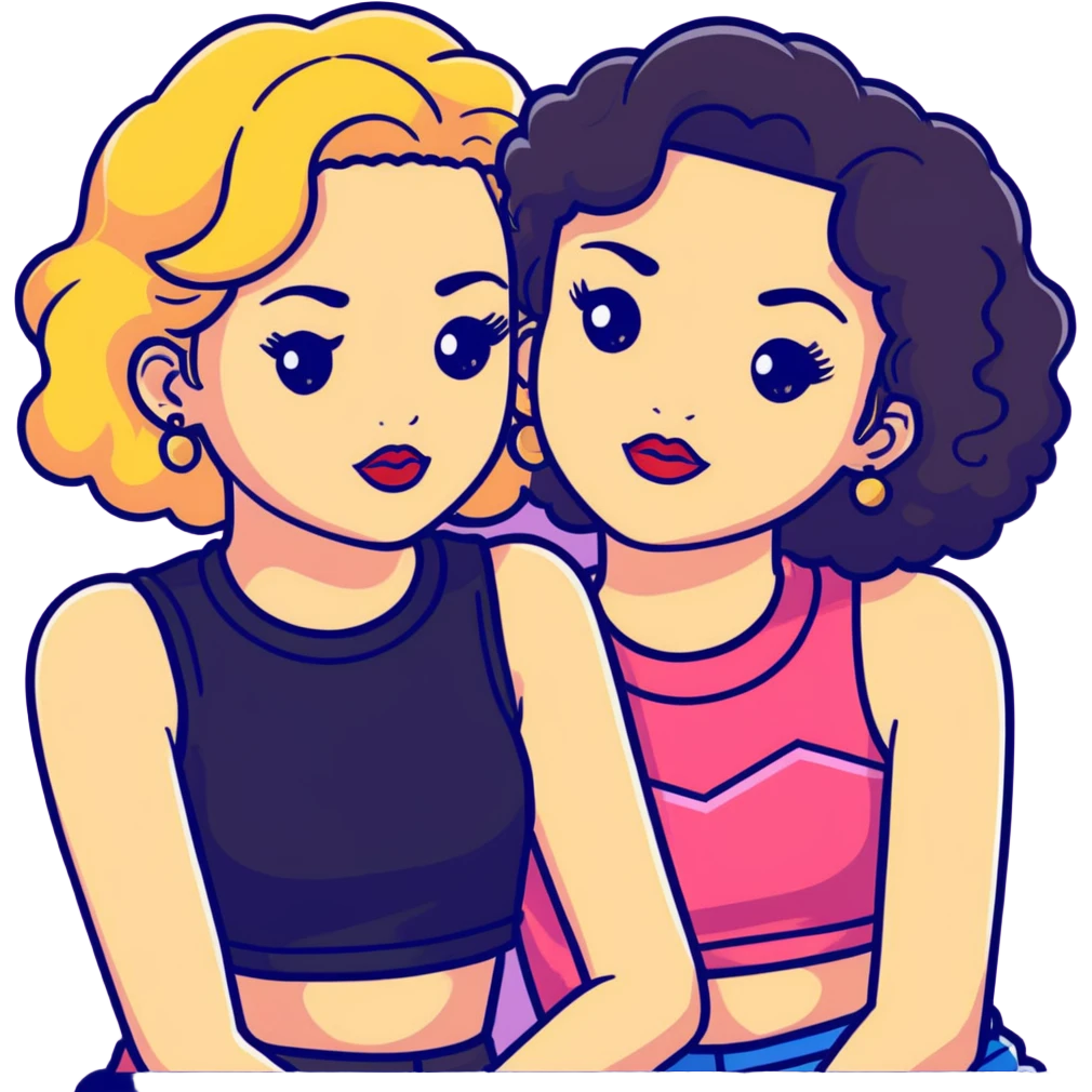 Full body of two teenage girls sitting together, one white with straight blonde hair and one brown-skinned with curly black hair, both with heavy makeup, big lips, crop tops, gold jewelry and flashy choni style outfits emoji