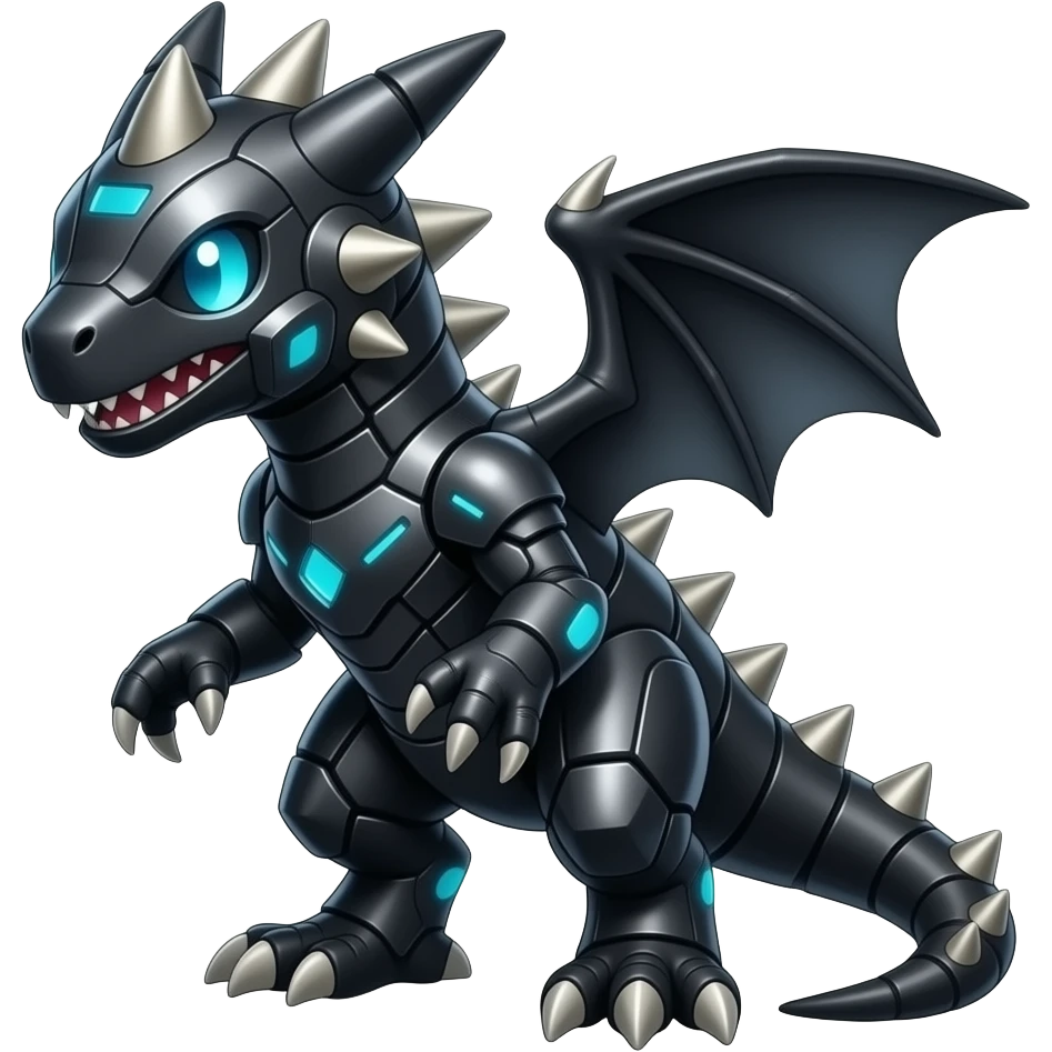 a shiny black Genesect-Flygon-Raptor-Fakémon—hybrid with a futuristic visor-helmet full body emoji