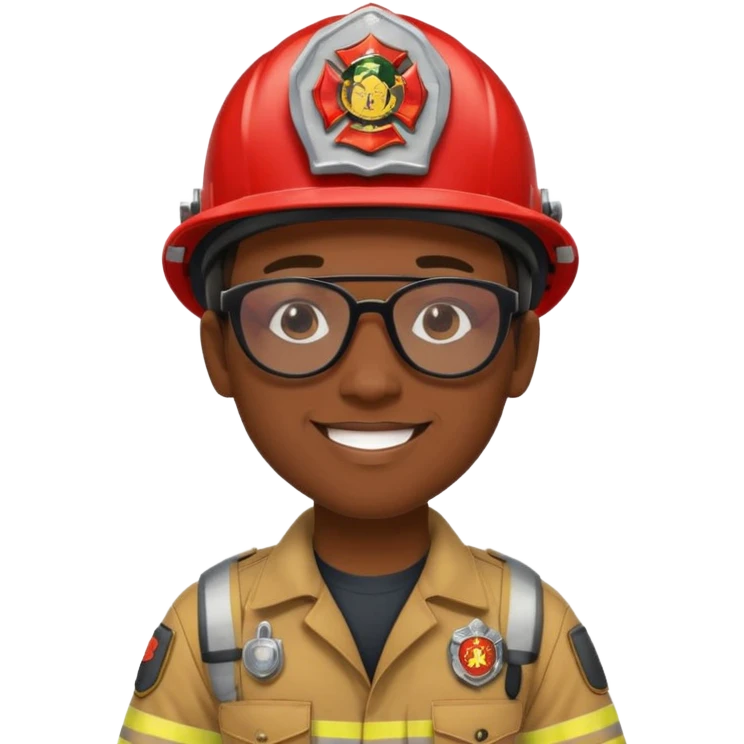 Young, male, dark skin, wearing sunglasses, firefighter uniform, happy emoji