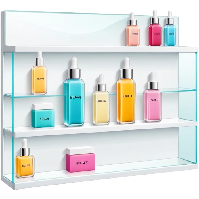 big long white shelf with one serum bottle labeled beauty brand and big sticky note emoji