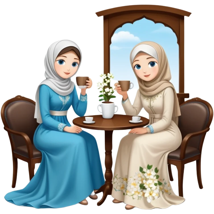 Turkish beautiful finish Konya girls blue eyes with Beautiful white blossom floral hijab long tail dress and the two friends in a white lovely coffeehouse sits on the chair on the ground and holds cup coffe with her hand  emoji