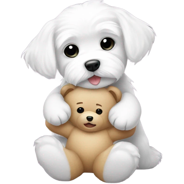 White maltese dog hugging a teddy bear emoji