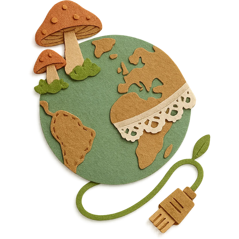 cottagecore style Internet icon, globe with moss mushrooms and lace, continents as stitched patches, ethernet cable as green vine with wooden plug, soft earthy colors, no text emoji