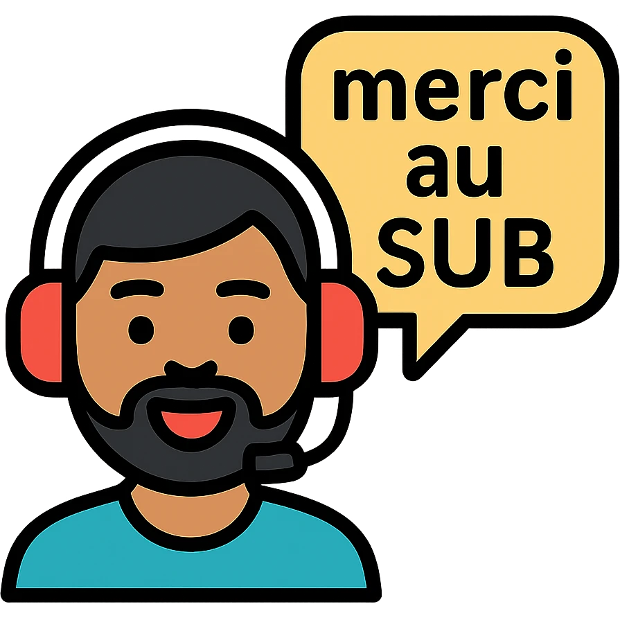 A smiling person with black hair, brown eyes, and a black beard wearing a gaming headset saying "merci au SUB" emoji