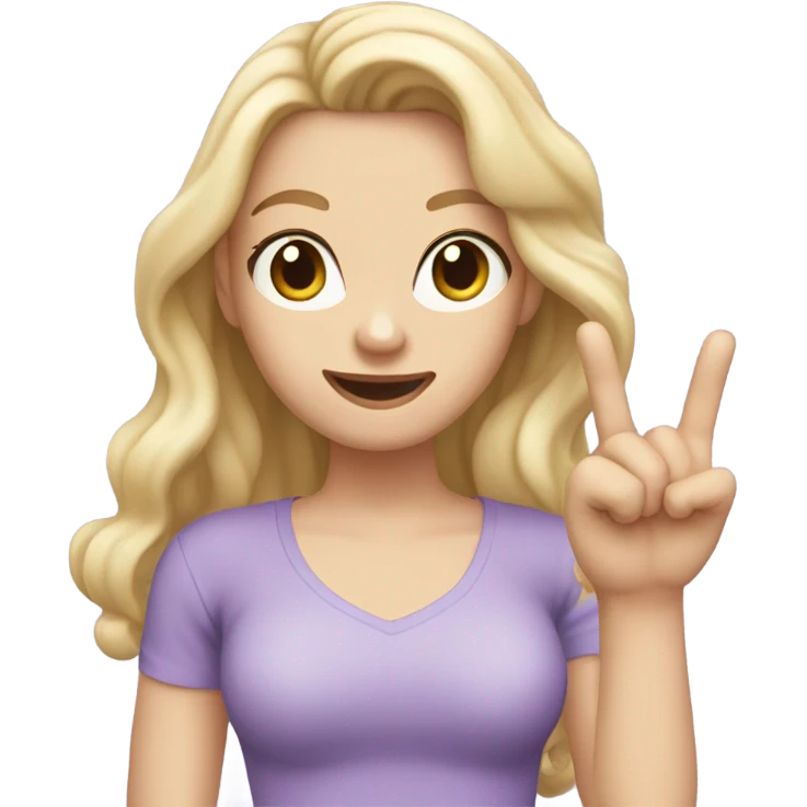 Woman, white skin, pale skin, long hair, blonde hair, wavy hair, lavender top, finger guns emoji