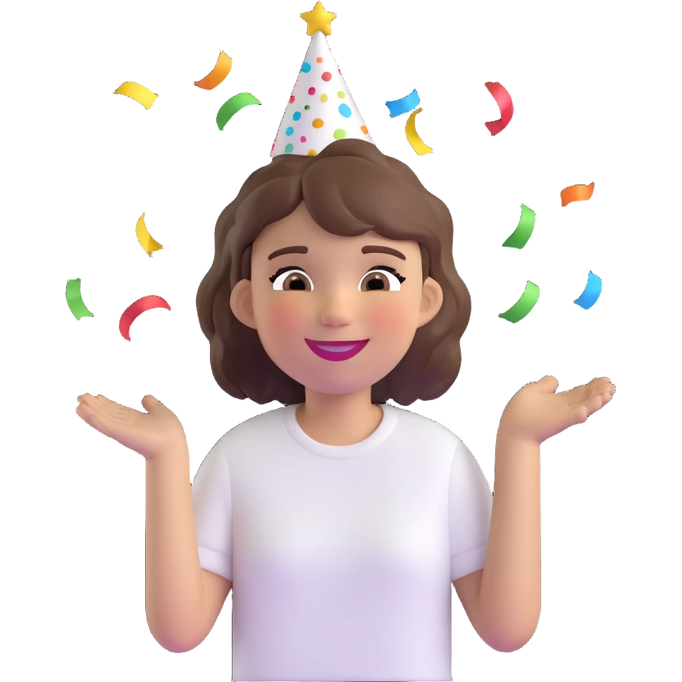 3D emoji style character with short tousled brown hair, light skin, white shirt, festive party vibe, party hat, confetti, big smile, fun expression, fiestero emoji emoji