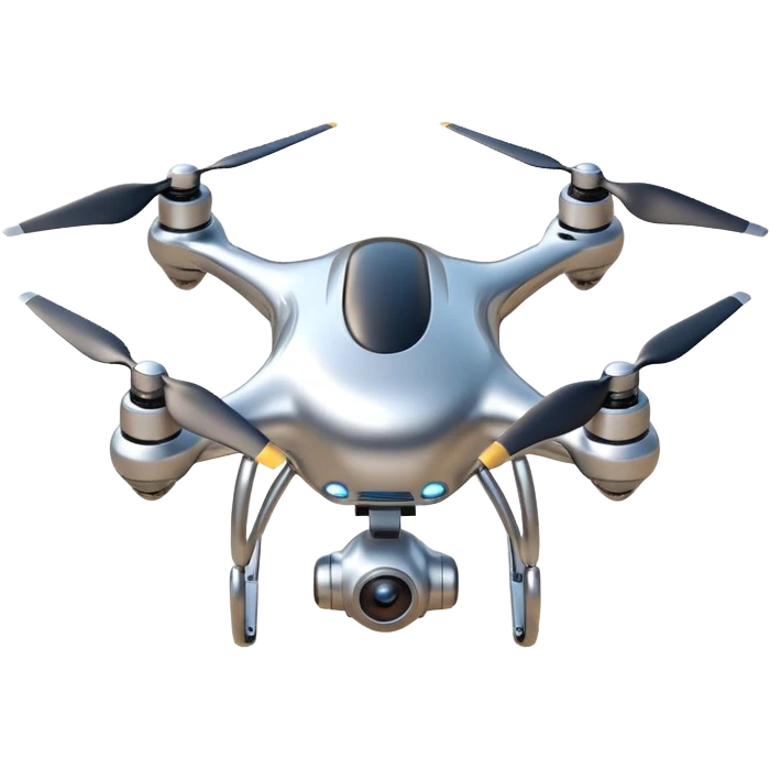 A futuristic drone emoji made of polished silver chrome, smooth rounded body, minimal propellers, reflective metallic surface, soft studio lighting, iOS emoji style, centered, clean white background emoji