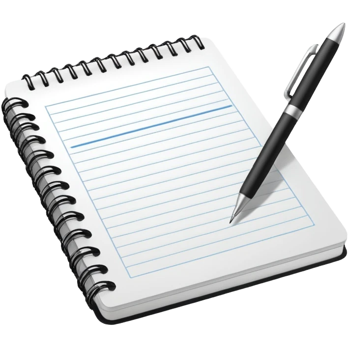 Front-facing notebook icon with a pen on the right side, minimal line-art, clean modern style, perfectly straight angle (no tilt), simple outlines, slightly 3D, no background, transparent, “documenting / journaling / tracking progress emoji