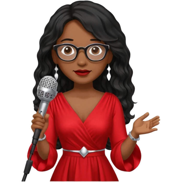 singer, Middle age, long wavy black hair, brown skin, wearing dress, holding mic, glasses emoji