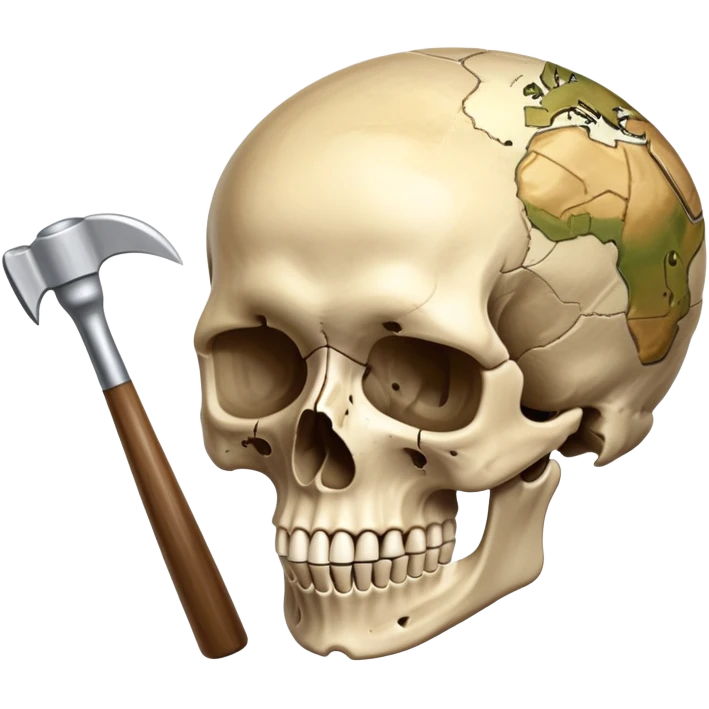 An icon featuring a human skull and fossilized bones, symbolizing the study of anthropology. The design includes archaeological tools like a pickaxe and brush, with a background of ancient artifacts and a globe. Transparent background emphasizes the exploration of human history and evolution. emoji