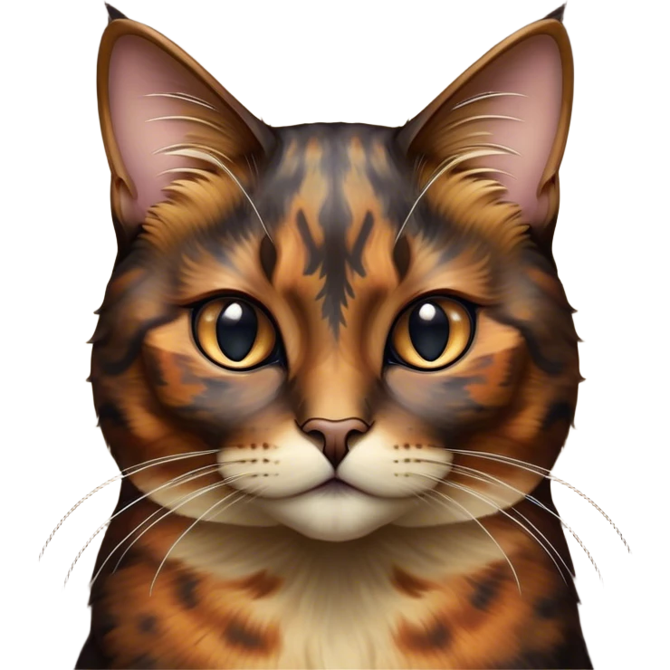 Cinematic Noble Tortoiseshell Cat Portrait Emoji, Poised and dignified, showcasing a luxurious, mottled fur of rich browns and blacks, with elegantly arched whiskers and a determined yet gentle expression, simplified yet meticulously detailed, glowing with a subtle, regal radiance, high shine, embodying quiet nobility and refined charm, soft glowing outline, capturing the essence of a sophisticated tortoiseshell cat exuding quiet authority! emoji
