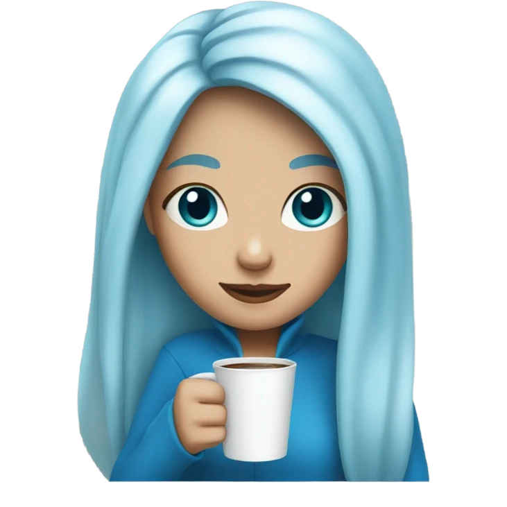 white skin girl with blue long hair drinking coffee emoji
