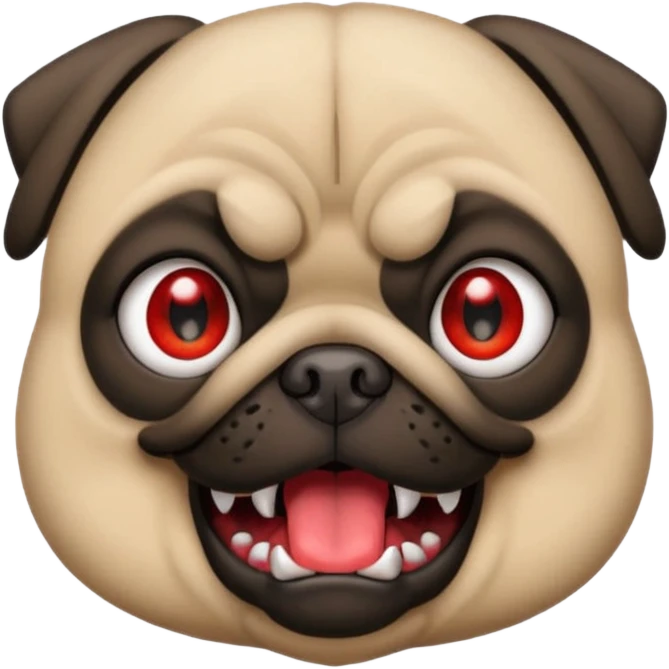 iphone emoji of pug with funny fury expression, red eyes, small fangs, black spiked collar, 2D bright and clean style, rebellious and comic attitude emoji