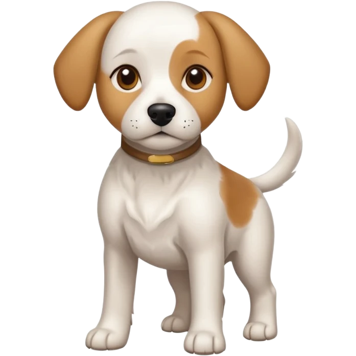 a full body white beagle x maltese x chi dog the size of a kelpie with light brown ears and a light brown patch on one eye emoji