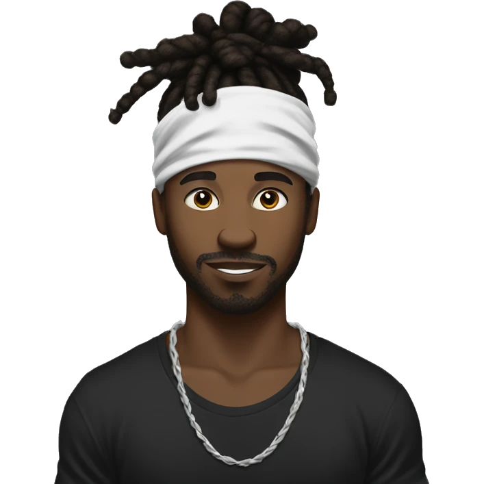 Black man with a dreadlock bun with a under cut with a white and black bandana on his head with black t shirt with no beard emoji