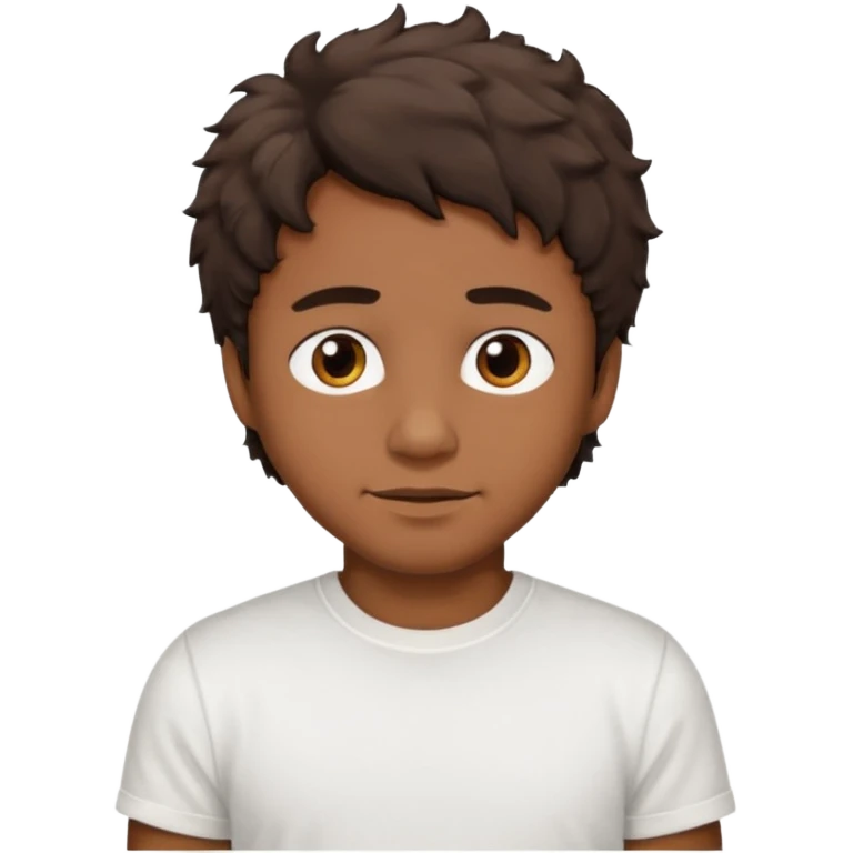 Homme brun cheveux court ondulé. Métisse. Yeux marrons très foncé. Avec t-shirt blanc avec du duvet  emoji