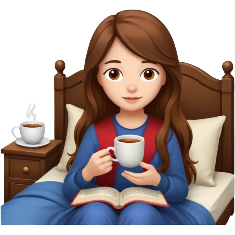 Девушка сидит на кровати и читает книгу , в руках чай emoji