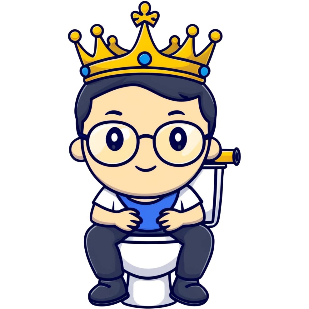 Royal king with crown sitting on a toilet, wearing round glasses and black hair emoji
