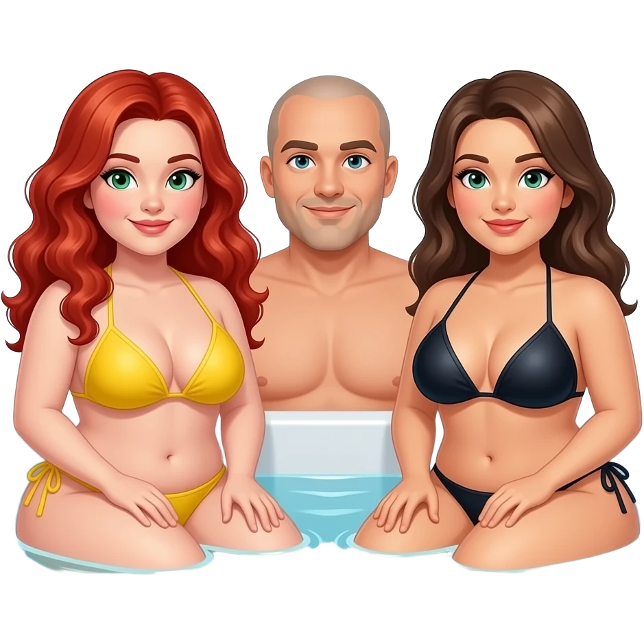 2 very curvy women, 1 redhead with long curly hair, green eyes in a yellow bikini, 1 brunette with black bikini,  and 1 man bald with light goatee, sitting  in a hot tub emoji