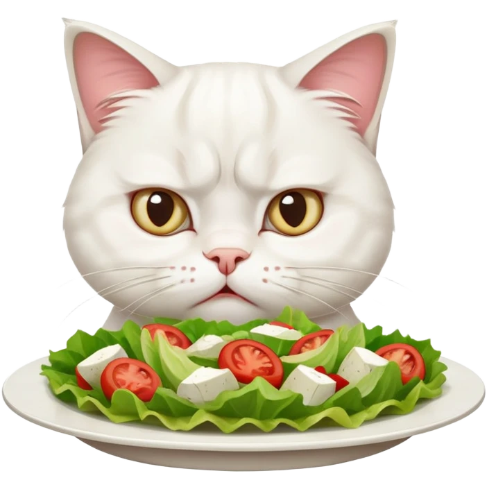 grumpy white cat sitting at a table, looking confused with its ears slightly back. In front of the cat is a plate with a salad with mouth a little open, and Disagree in the cat's face emoji