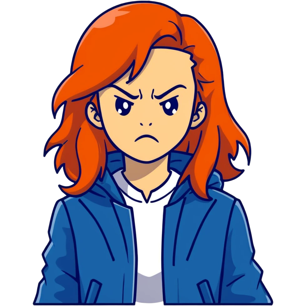 Redhead girl with long hair in blue jacket looking angry emoji