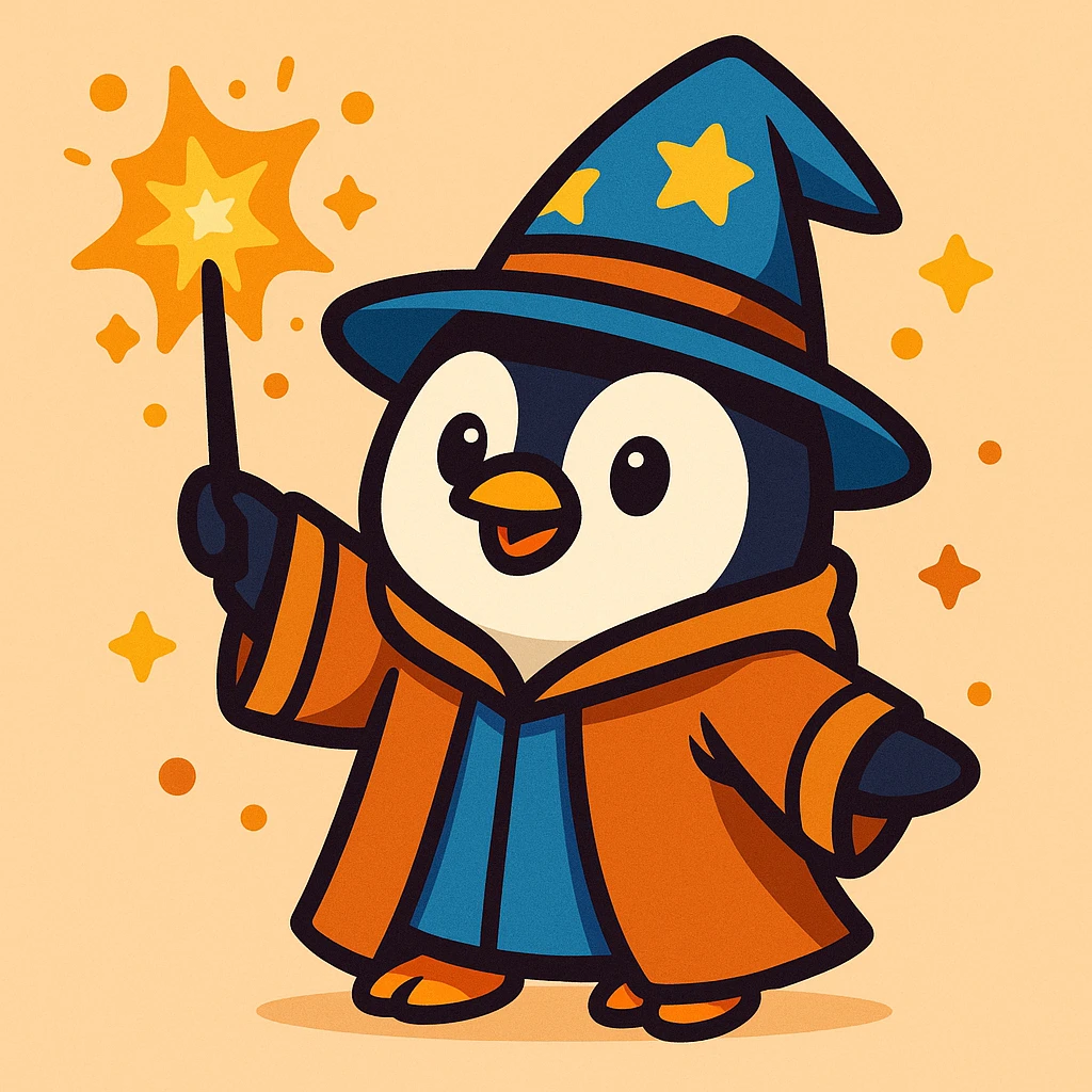 a cute penguin wizard casting a spell, wearing a robe and holding a wand, in a colorful cartoon style, vibrant toon illustration emoji