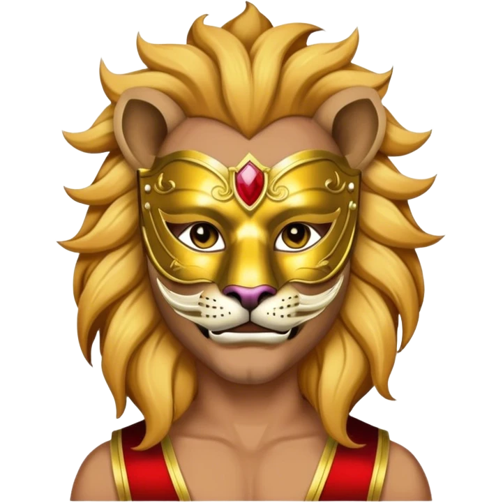 a man, with a vest,  wear half-face golden Lion masquerade mask emoji