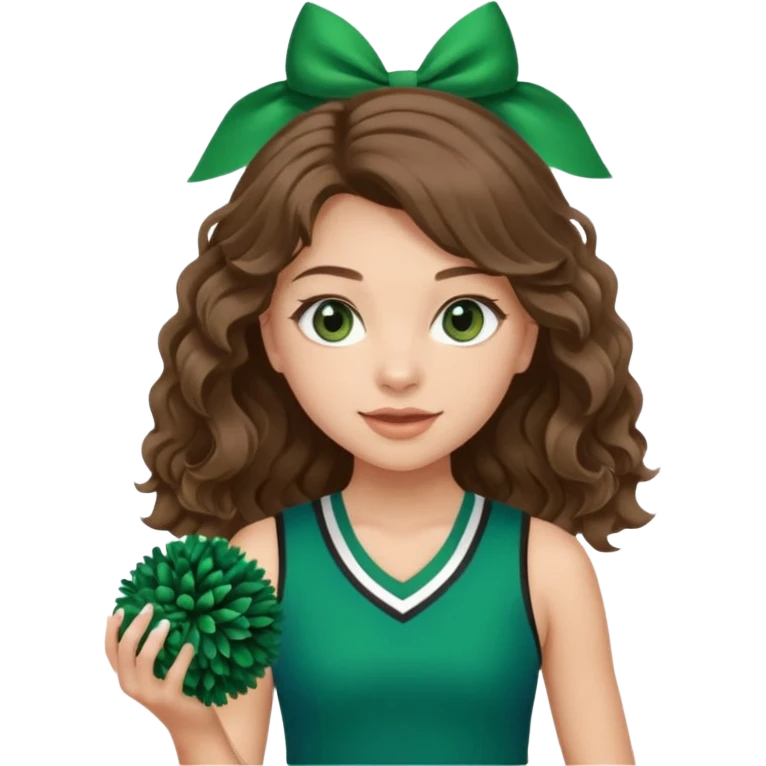 A pretty girl, her eyes is blue, her hair is brown long wavy hair, and wear green Hawkins cheerleader no sleeve uniform and hold pompom emoji