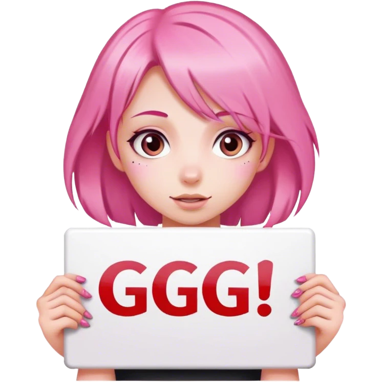 girl with pink hair, big sign, sign says GG emoji